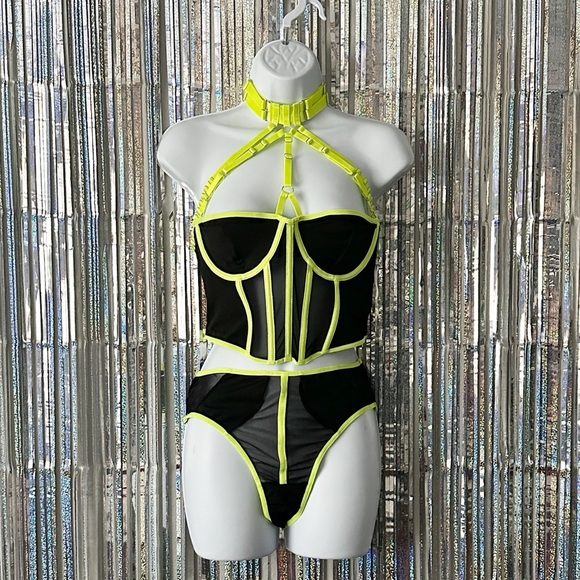 Other - Neon Yellow & Sheer Black Strappy Choker Kinky Lingerie Set Women’s Size Medium